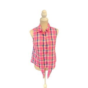 Rafaella Pink Blue Plaid Sleeveless Tie Top Womens M